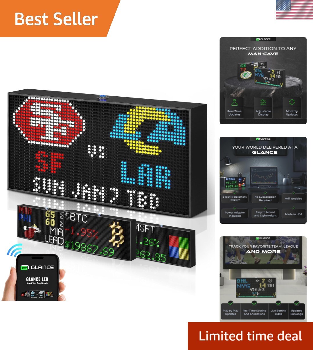 Glance LED Ticker – Customizable LED Display Sports Ticker, LED Display for M…