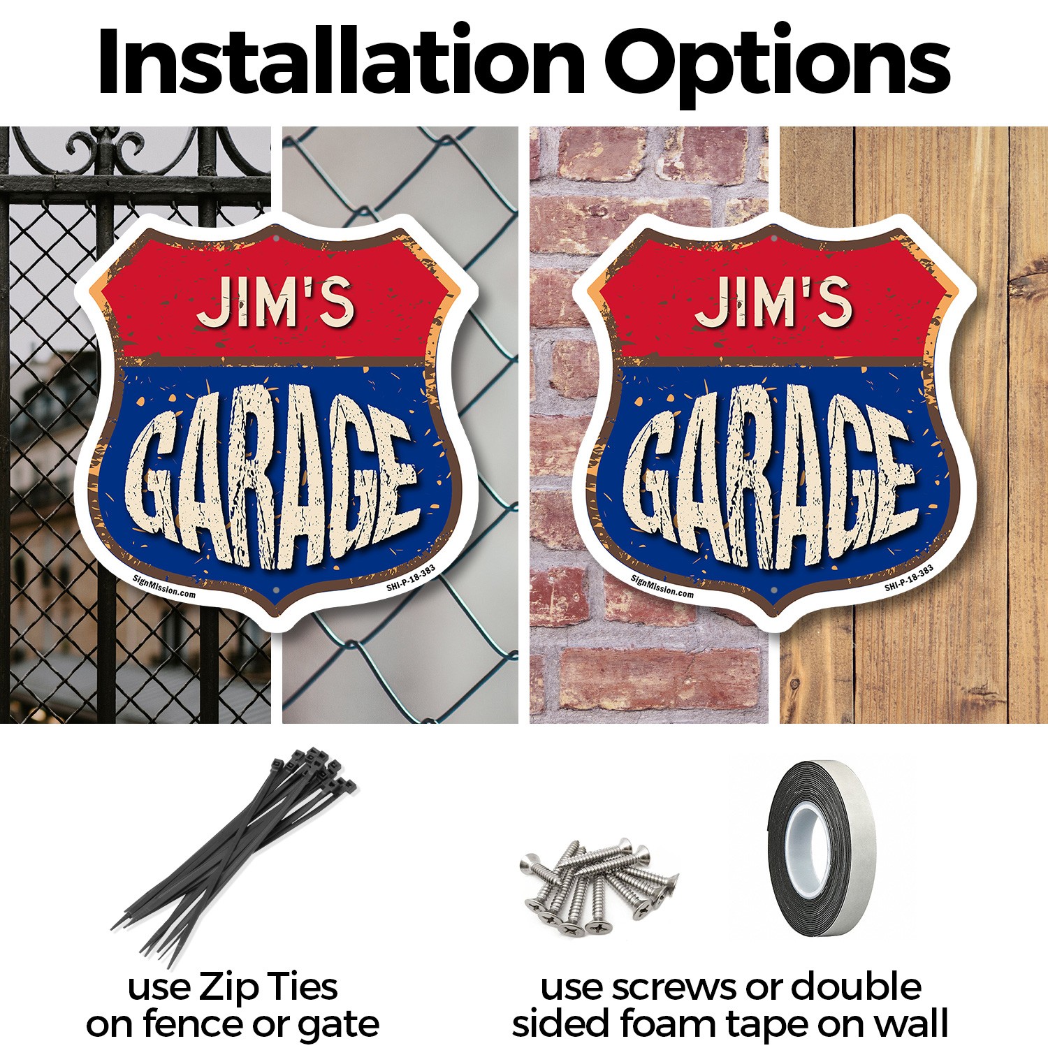 Jim’s Garage Shield Shaped Sign Weather Resistant Crafted in the USA
