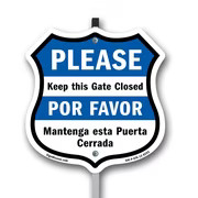 Keep Gate Closed Sign Bilingual English / Spanish Shield Shaped Sign With Stake