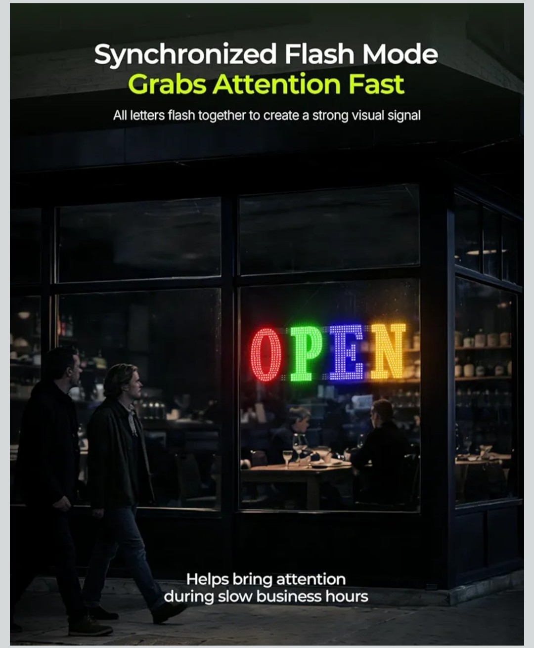 Multi-Color OPEN Sign, 40″ x 14″, Adjustable Brightness & Flash Speed, Remote