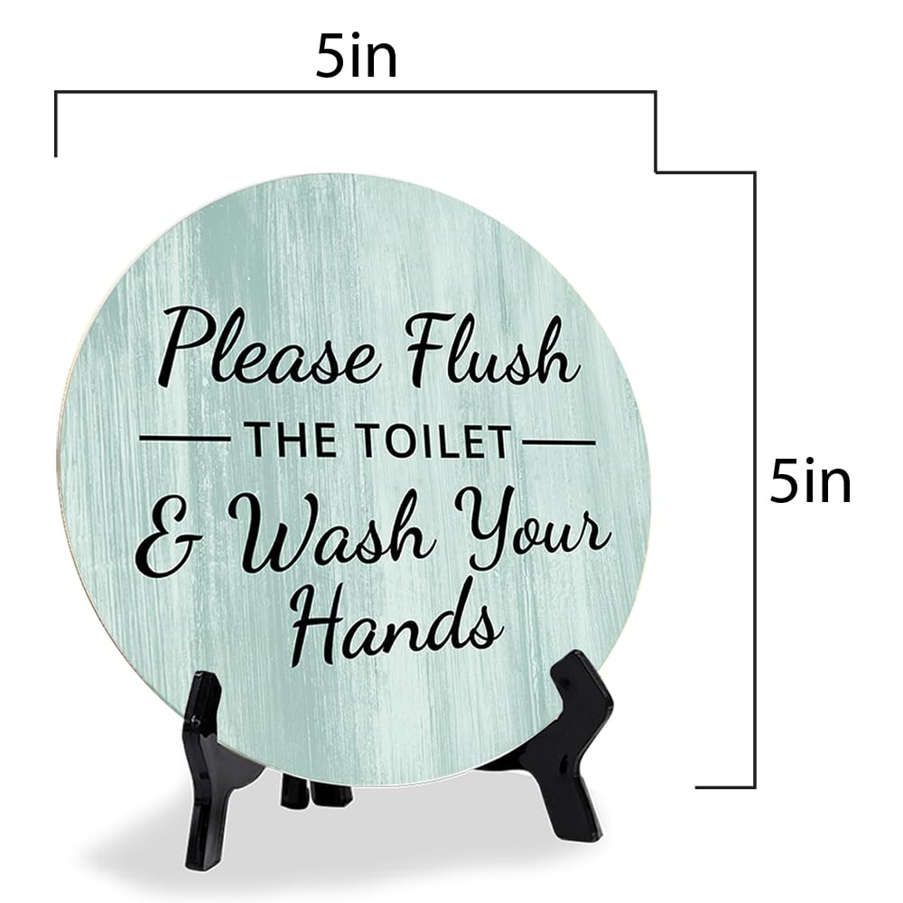 5×5 Inch Round Blue Wood Flush Toilet Wash Hands Bathroom Sign Acrylic Easel