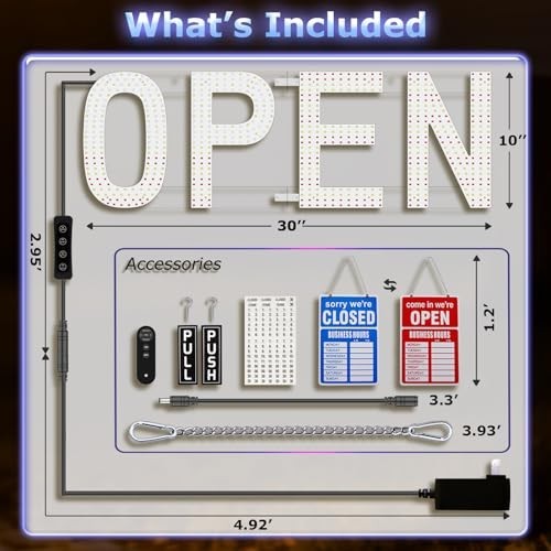 Large LED Open Sign for Business – 30″x10″ Bright Remote Control, Dimmable, 12 M