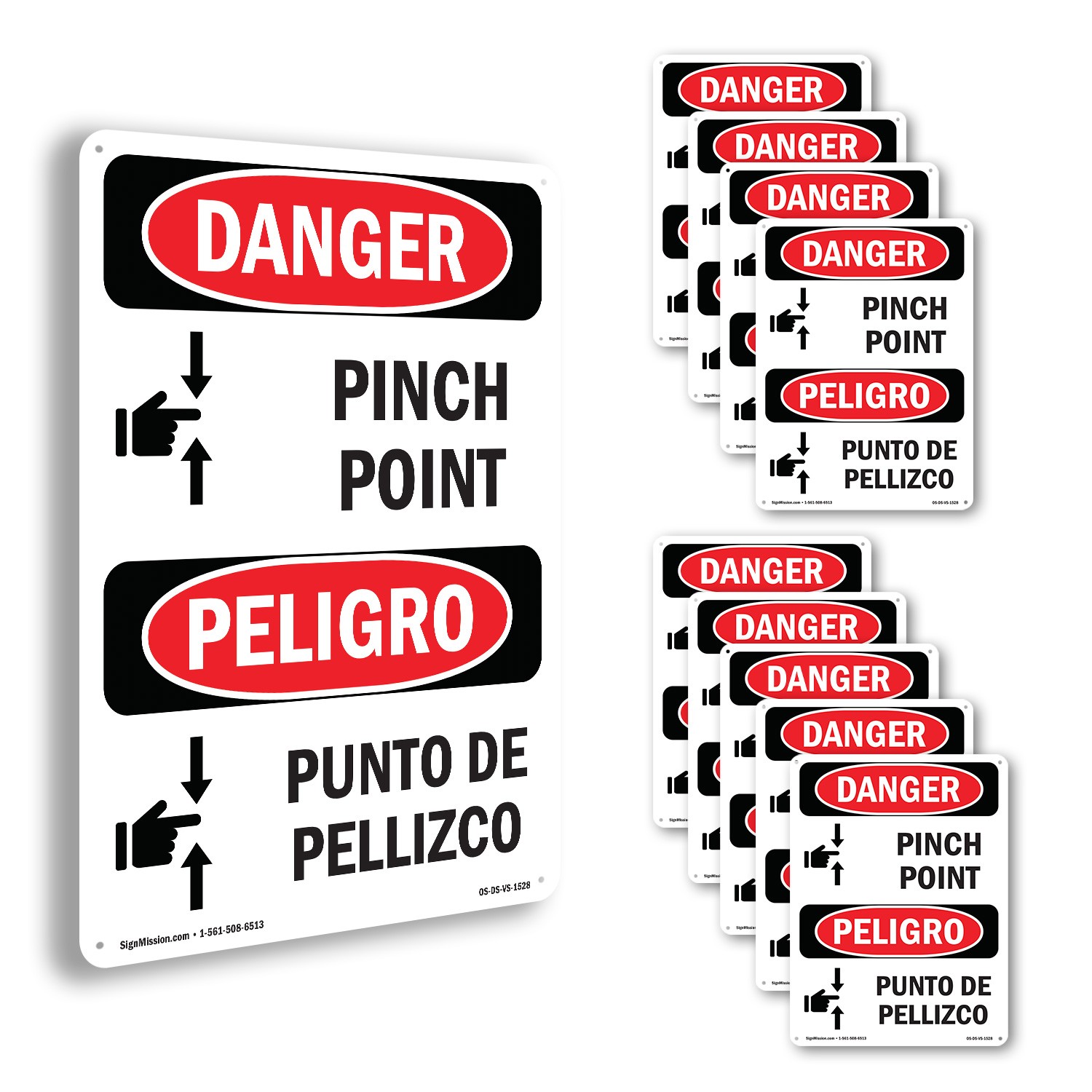 Pinch Point Bilingual OSHA Danger Sign Metal, Plastic, Or Decal – 5 or 10 Pack