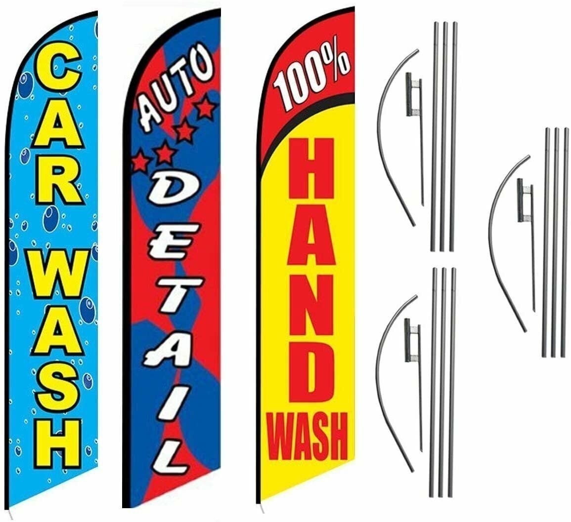 Car Wash Auto Detail 100% Hand Wash Package of 3 Advertising Feather Banner…