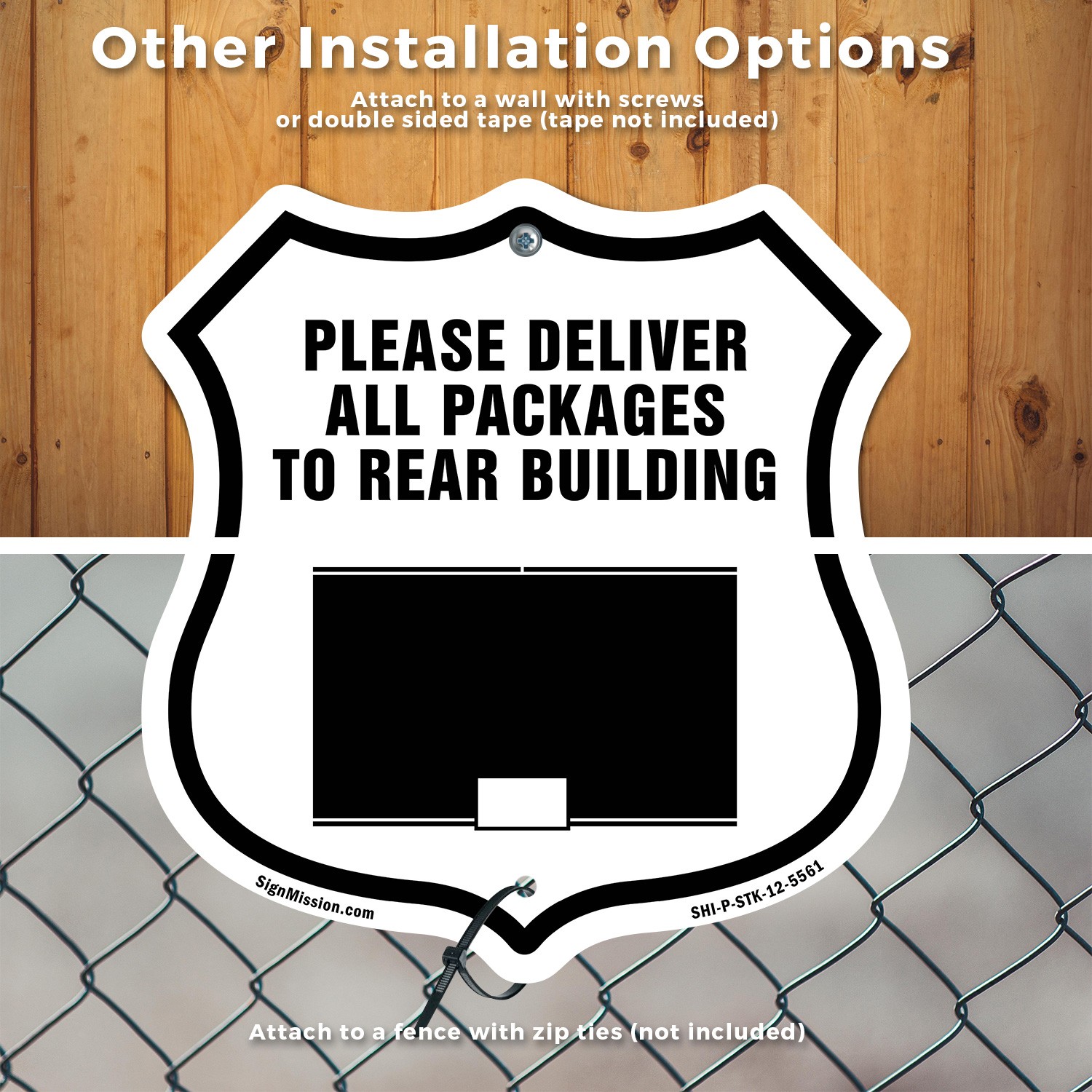 Please Deliver All Packages To Rear Shield Shaped Sign With Stake