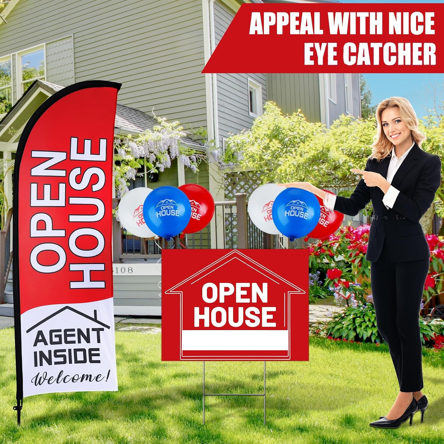Open House Signs Set (36 Pcs Total), 1 Open House Flag with Pole Kit for Yard, 5
