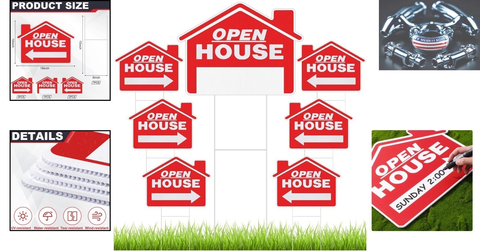 Bright Red 7 Pcs Open House Signs – Eye-Catching for Real Estate Marketing.