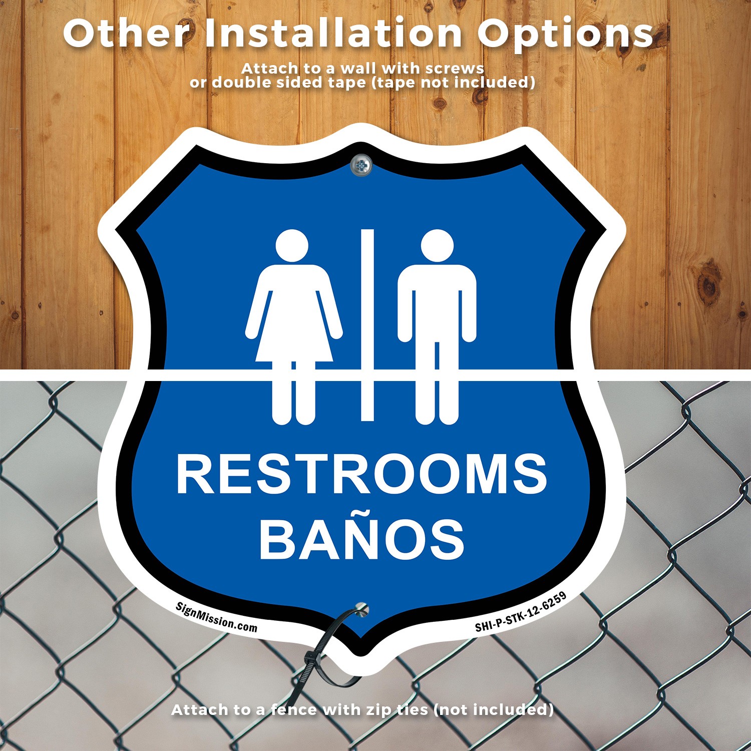 Restrooms Ba�os Bilingual English / Spanish Shiel Shaped Sign With Stake