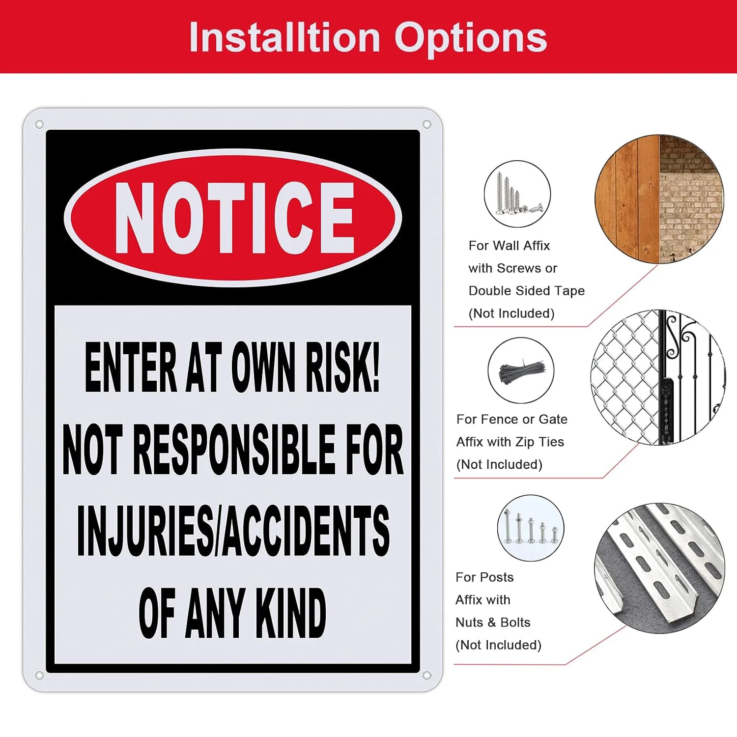 2 Pack Notice Enter at Own Risk Sign, Not Responsible for Accidents or Injuries