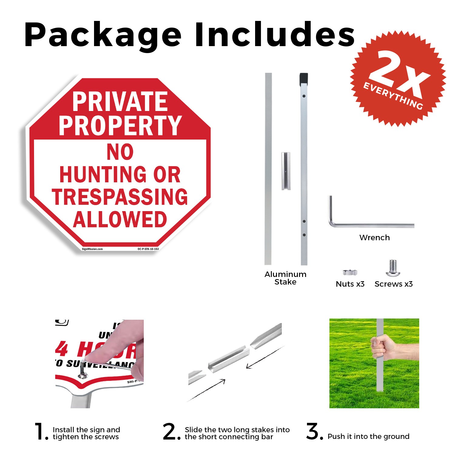 Private Property No Hunting or Tr Octagon Sign With Stake Weather Resistant