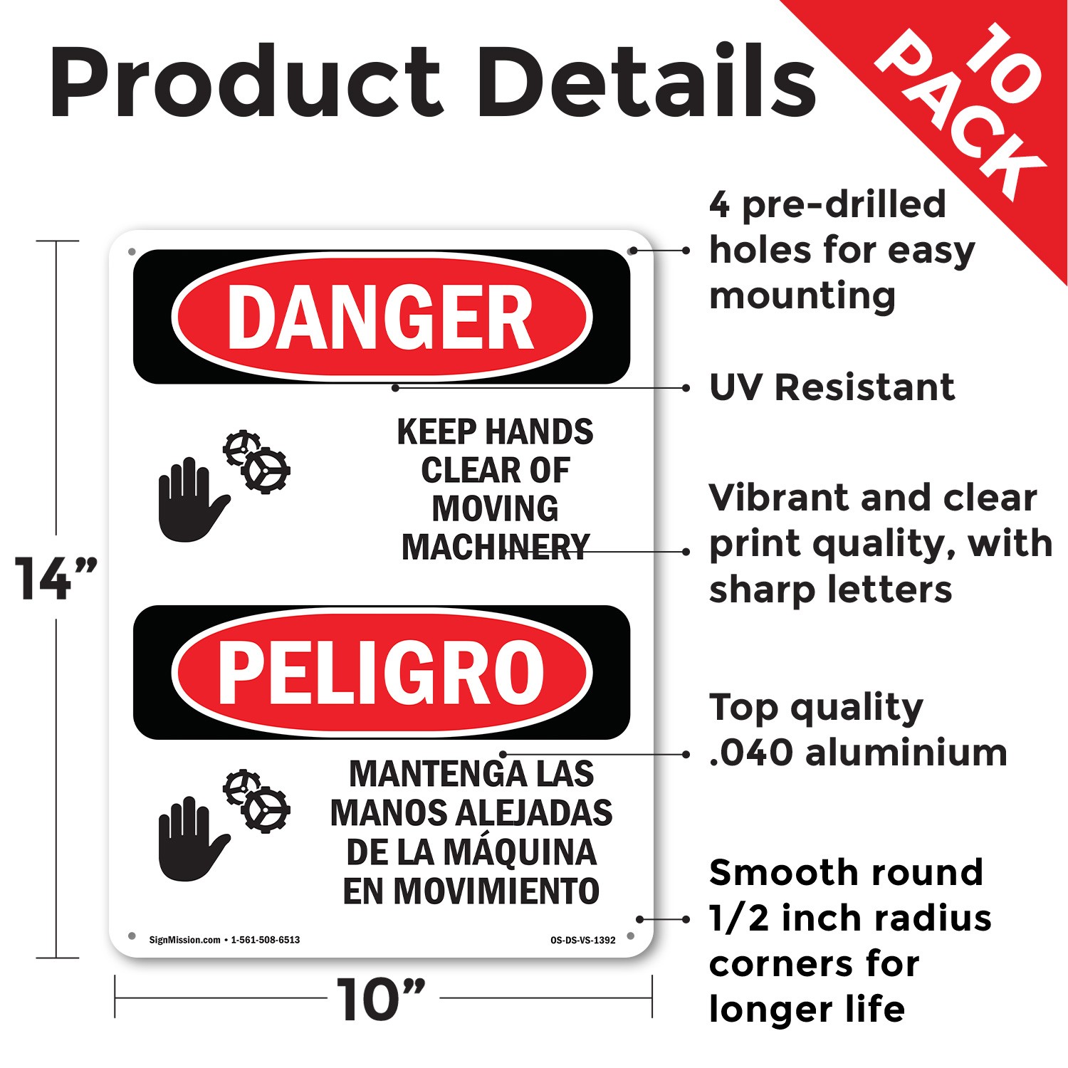 Keep Hands Clear Moving Machinery Bilingual OSHA Danger Sign, Decal 5 or 10 Pack