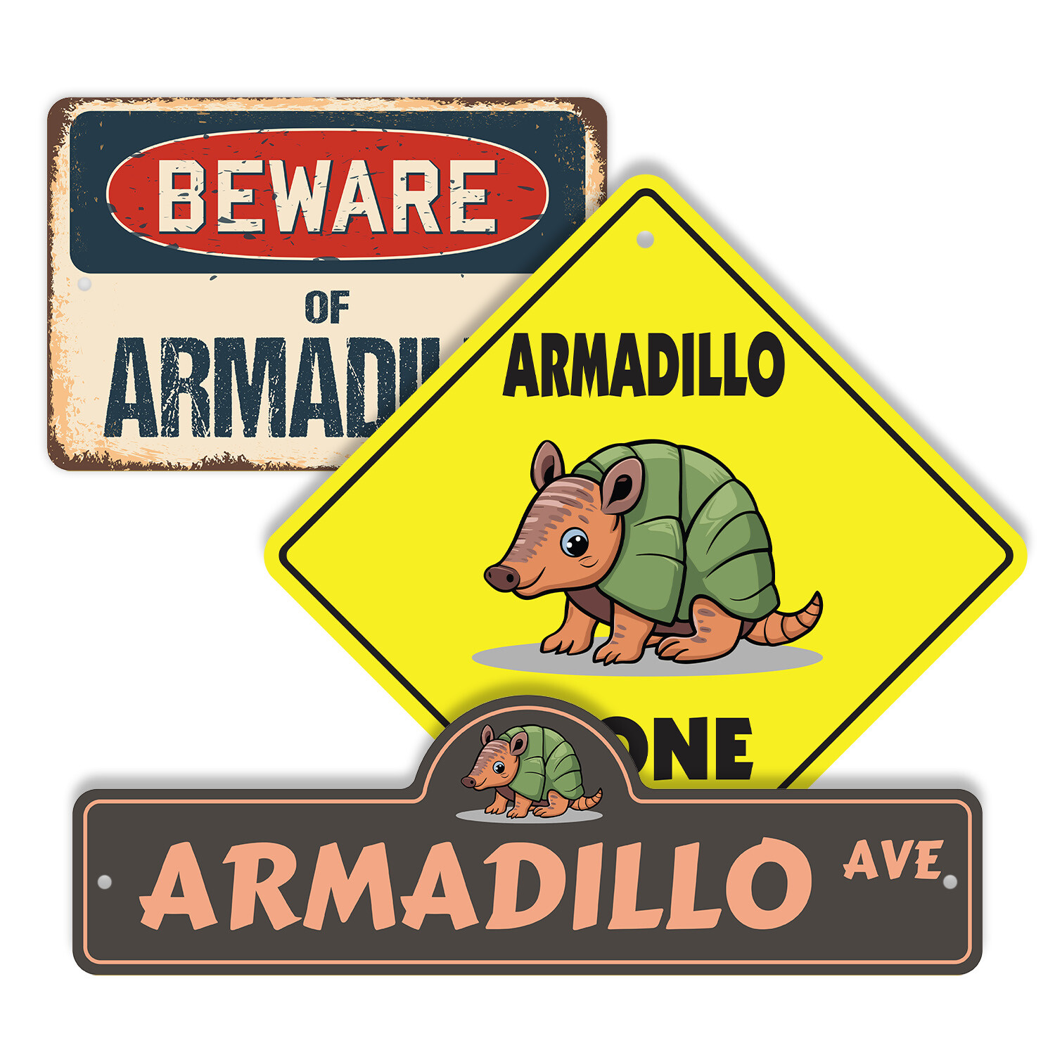 Armadillo (3 Pack) Plastic Street Sign Crossing Warning Vintage Rustic Beware