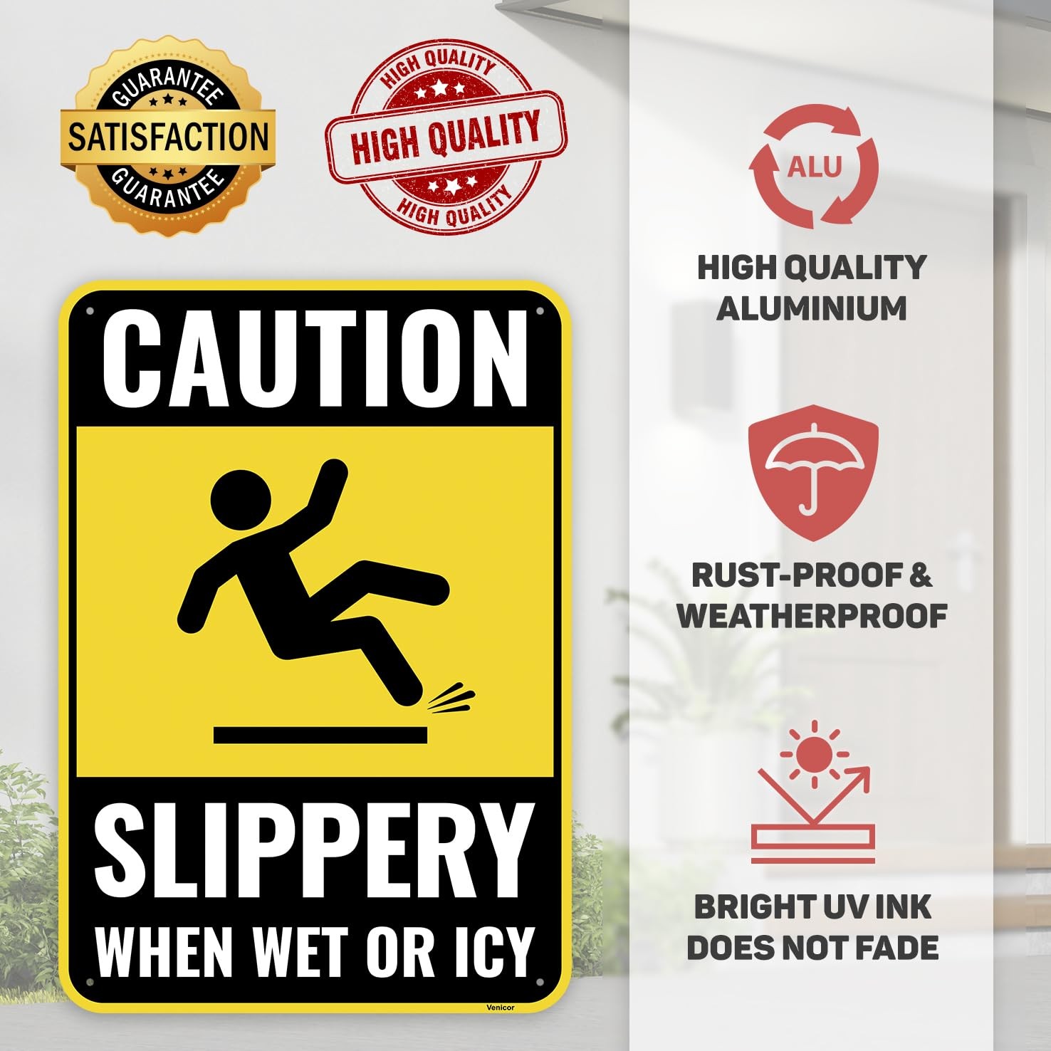 2PC Caution Slippery When Wet Or Icy Sign, 10 x 7 Inches – Aluminum