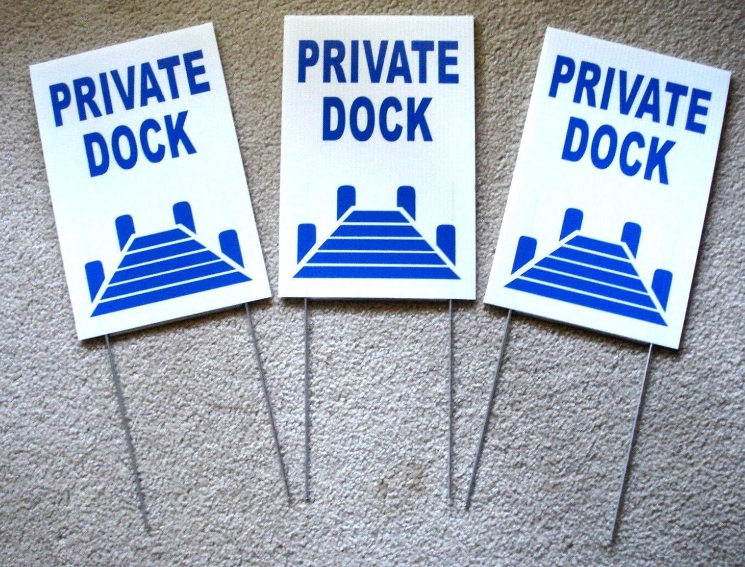(3) PRIVATE DOCK 8″ x12″ Plastic Coroplast Signs with Stakes Boating