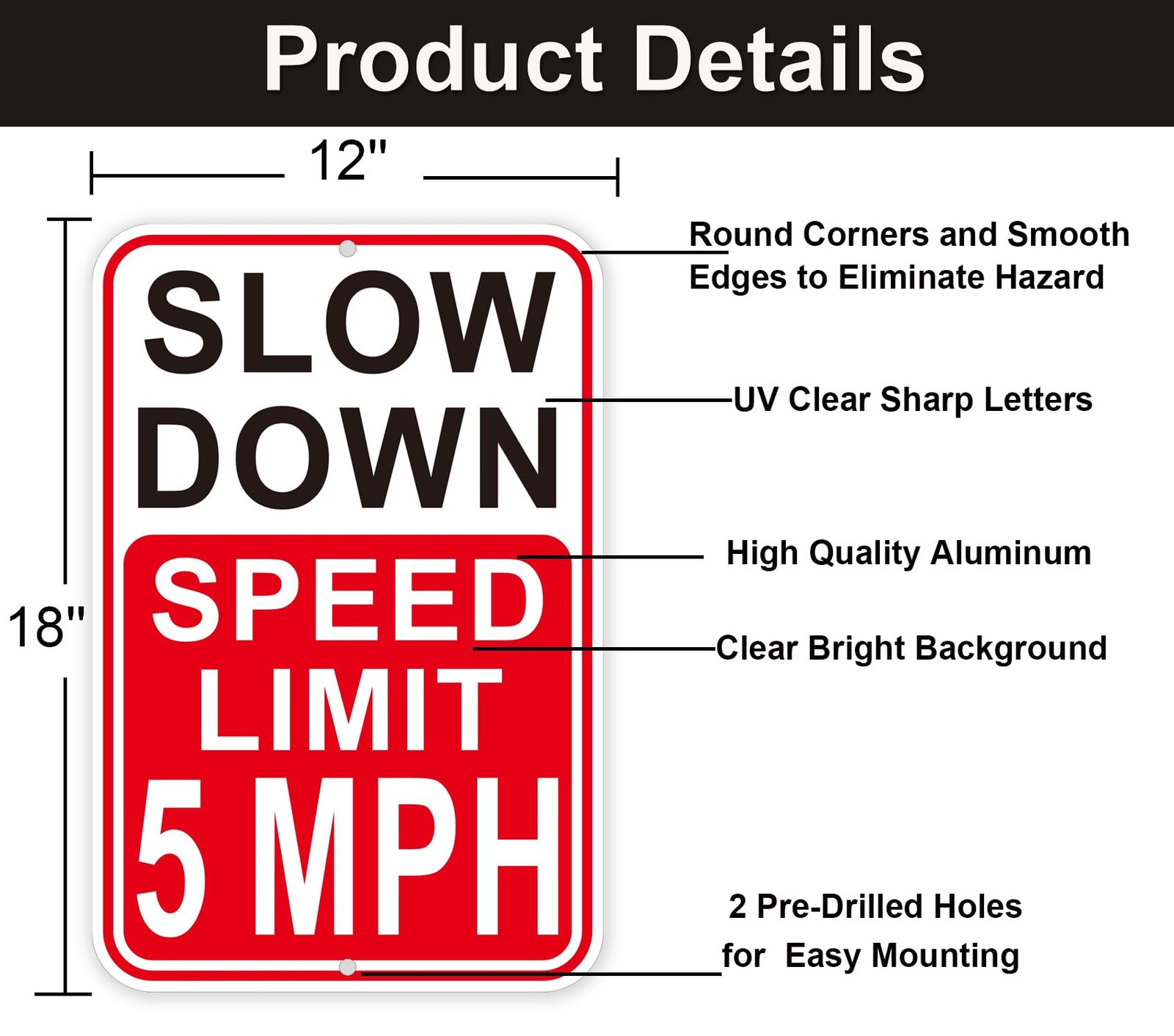 Slow Down Speed Limit 5MPH Sign, 18 x 12 Inches, Reflective Aluminum, Fade Re…
