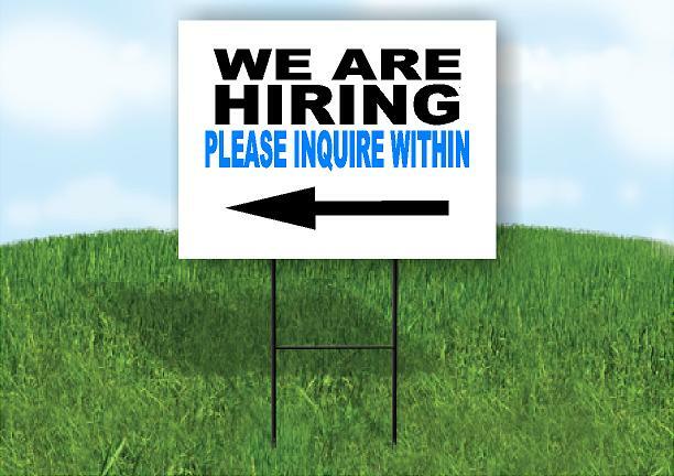 NOW HIRING BLUE AND BLACK LEFT Yard Sign Road with Stand LAWN SIGN Single sided