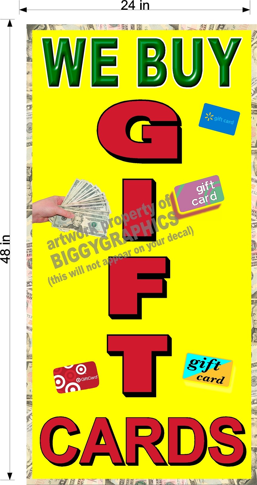 NEW PERFORATED WINDOW VINYL DECAL BUY GIFT CARDS 2′ X 4′ LARGE GRAPHIC VERTICAL