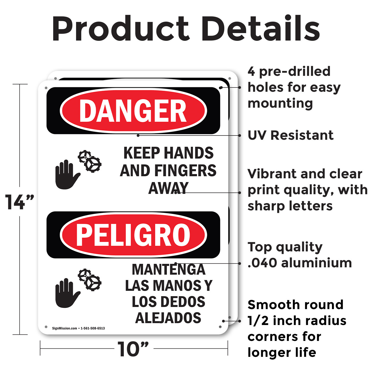 (2 Pack) Keep Hands And Fingers Away Bilingual OSHA Danger Sign Decal Metal