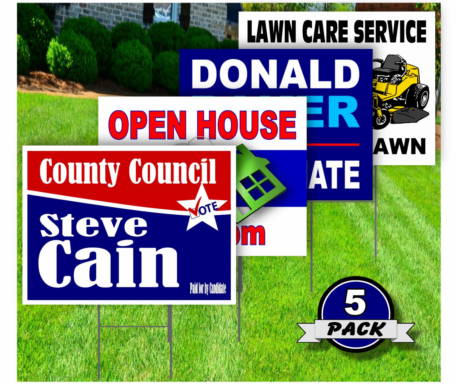 5 Pack – Custom Yard Signs-18×24-Full Color Design-Double Sided-Stakes Optional