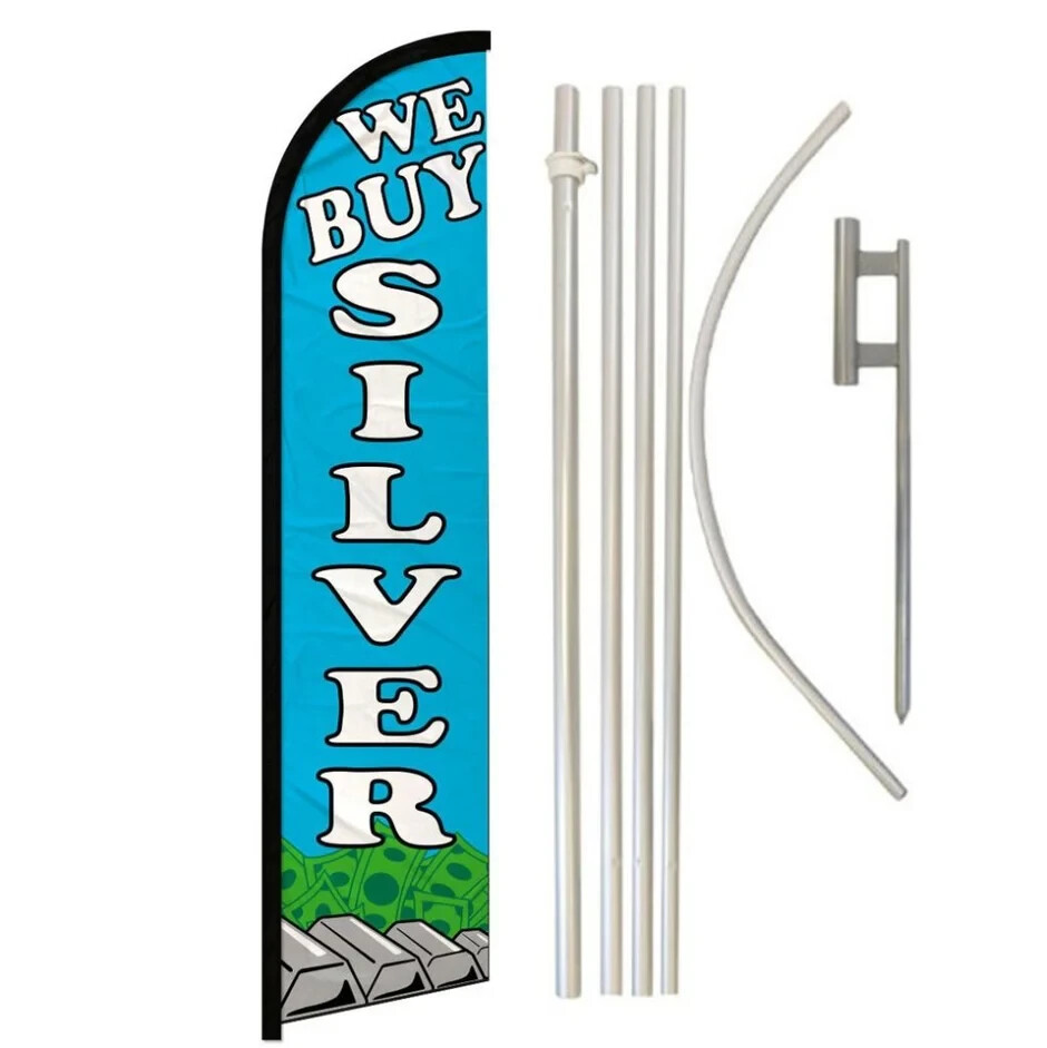 We Buy Silver Windless Full Curve Advertising Banner Flag & Pole Kit