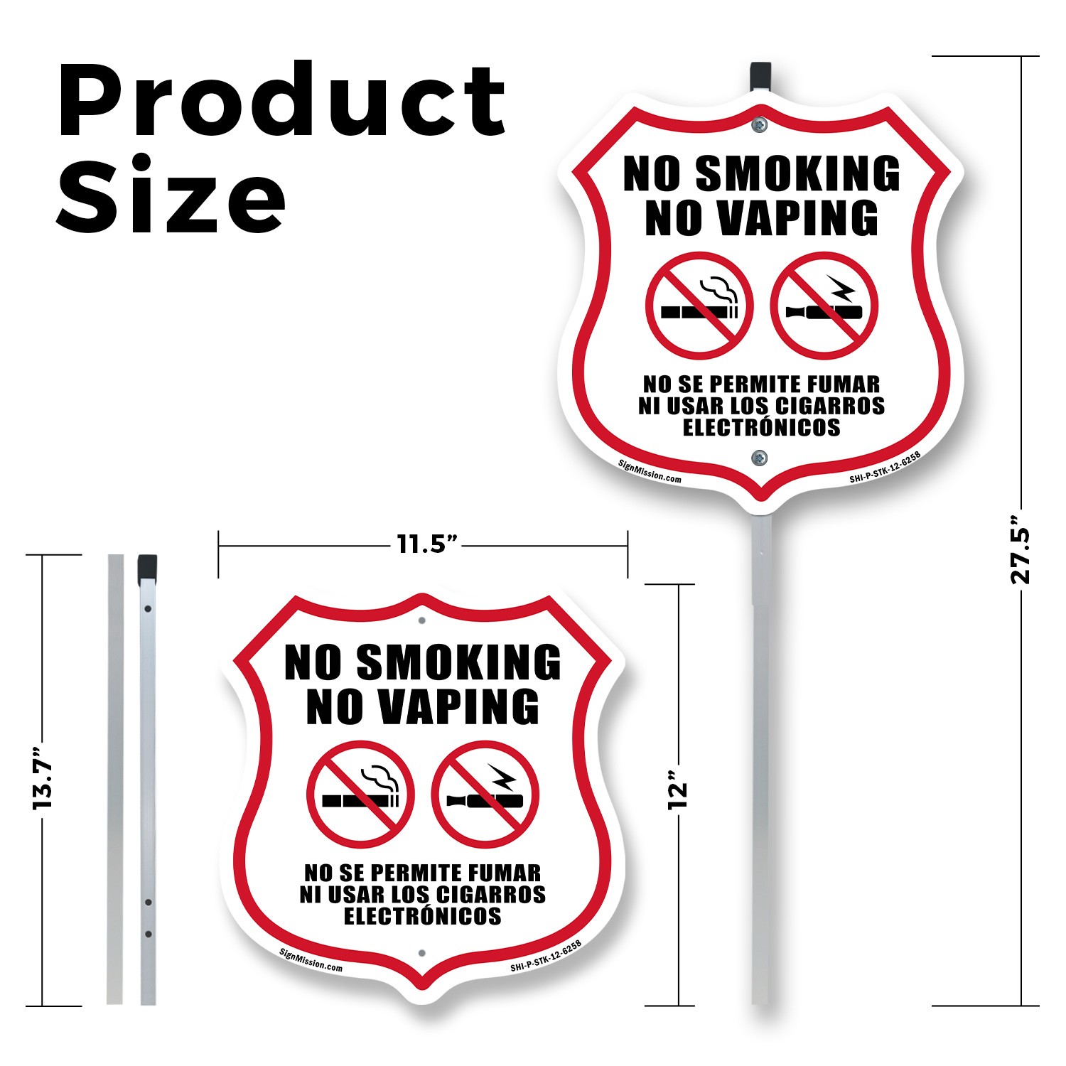 No Smoking No Vaping Bilingual English / Spanish Shield Shaped Sign With Stake