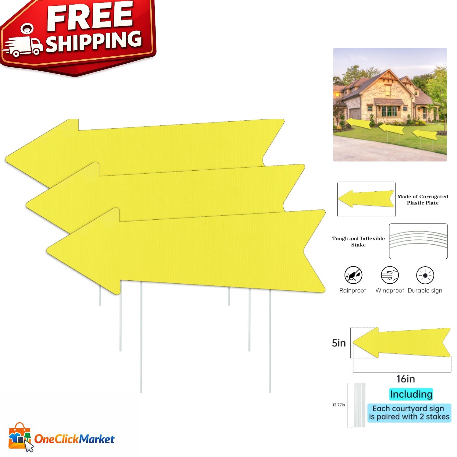 3-Pack 16×5 Inch Waterproof Yellow Arrow Signs – Perfect for Directions & Events