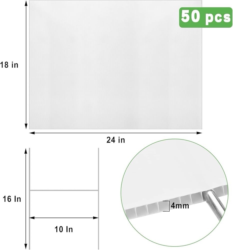 50- 18×24 Inches Large Blank Yard Signs with H Stakes Corrugated White Plastic