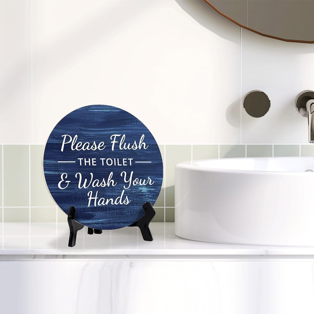 5×5 Inch Round Blue Wood Flush Toilet Wash Hands Bathroom Sign Acrylic Easel