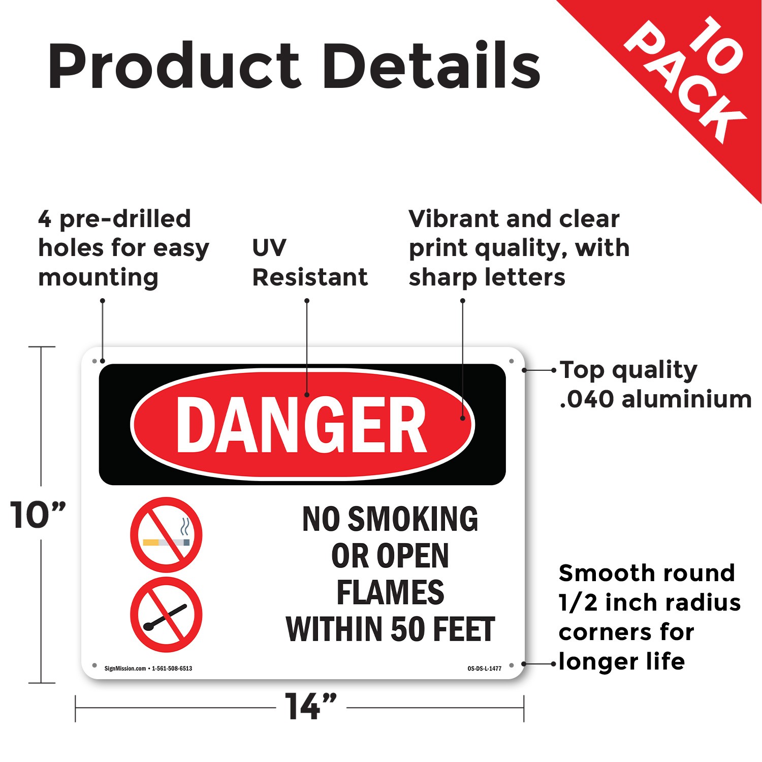 No Smoking Or Open Flames Within 50 Feet OSHA Danger Sign, Decal 5 or 10 Pack