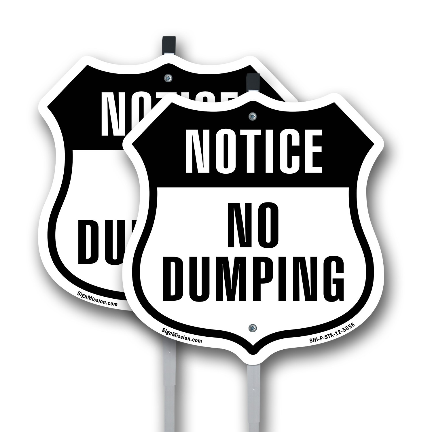 Notice No Dumping Shield Shaped Sign With Stake Crafted in the USA