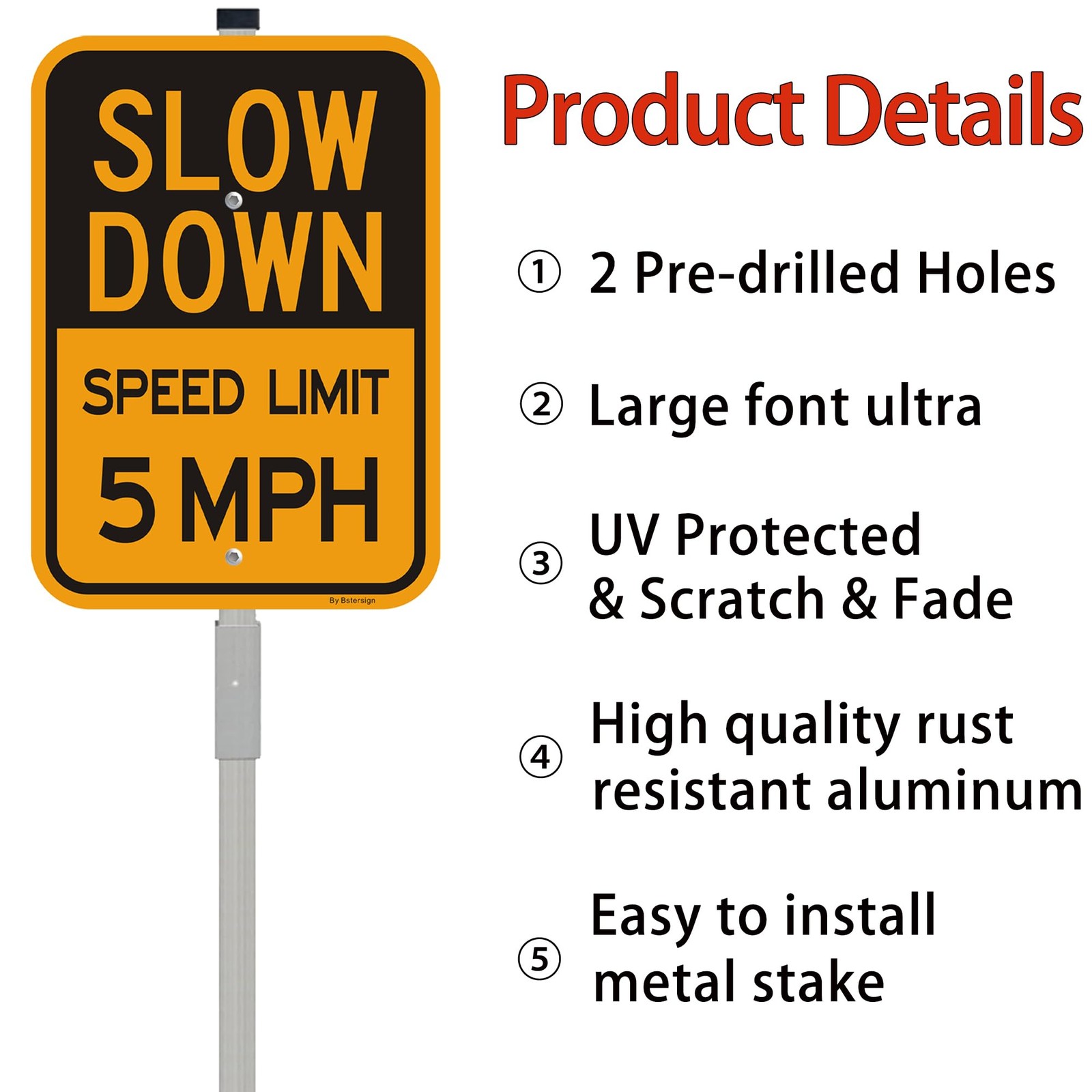 Slow Down Speed Limit 5 MPH Sign with 36-Inch Stakes, 14 x 10 Inches, Reflect…