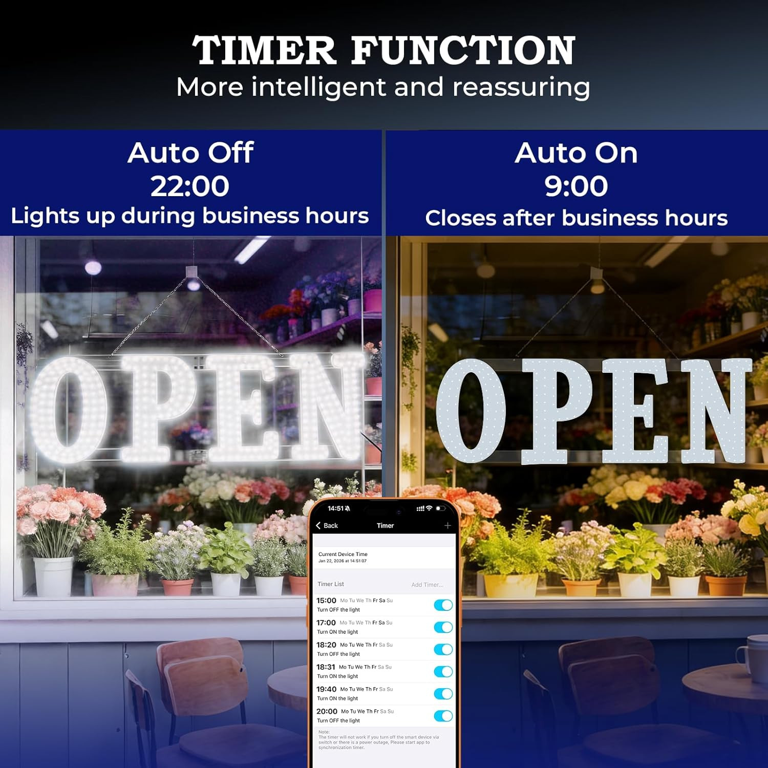 Open Sign for Business 30″X10″ with Timer and Remote Control, 10 Flashing Modes