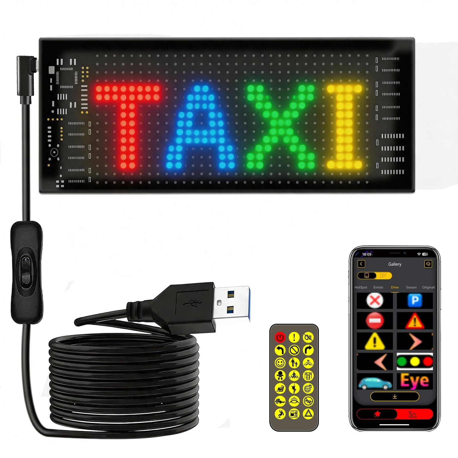 Customizable LED Car Sign – 7″x3″ Bluetooth Programmable Scrolling Display, USB