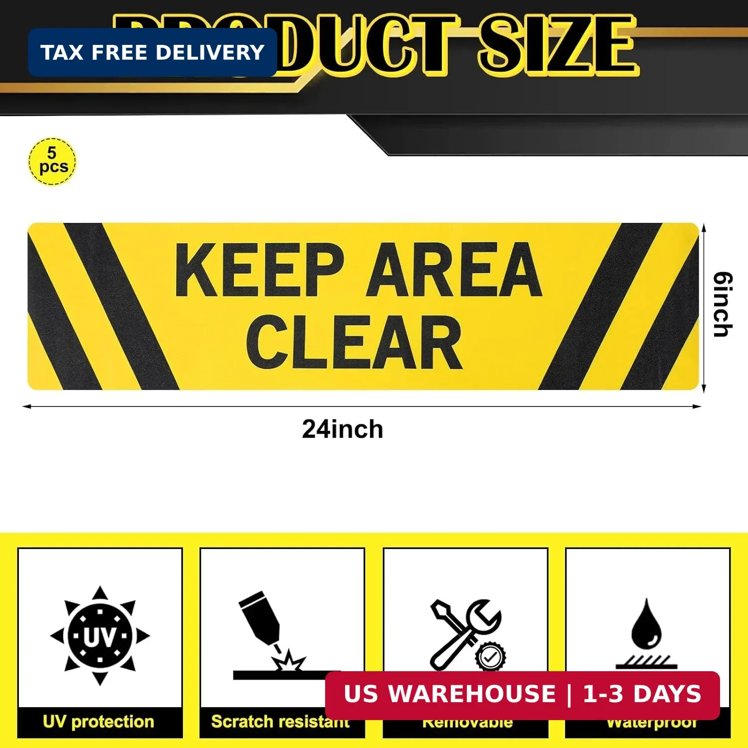 5 pack Keep Area Clear Anti Slip Adhesive Floor Sign 6 x 24 Keep Area Clear Non