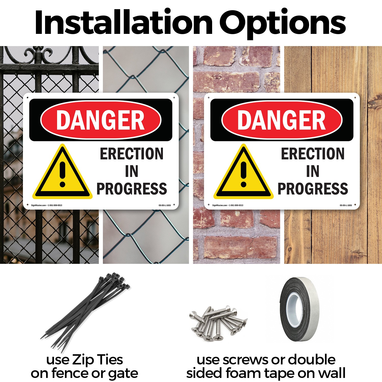 Erection In Progress OSHA Danger Sign Metal, Plastic, Or Decal – 5 or 10 Pack