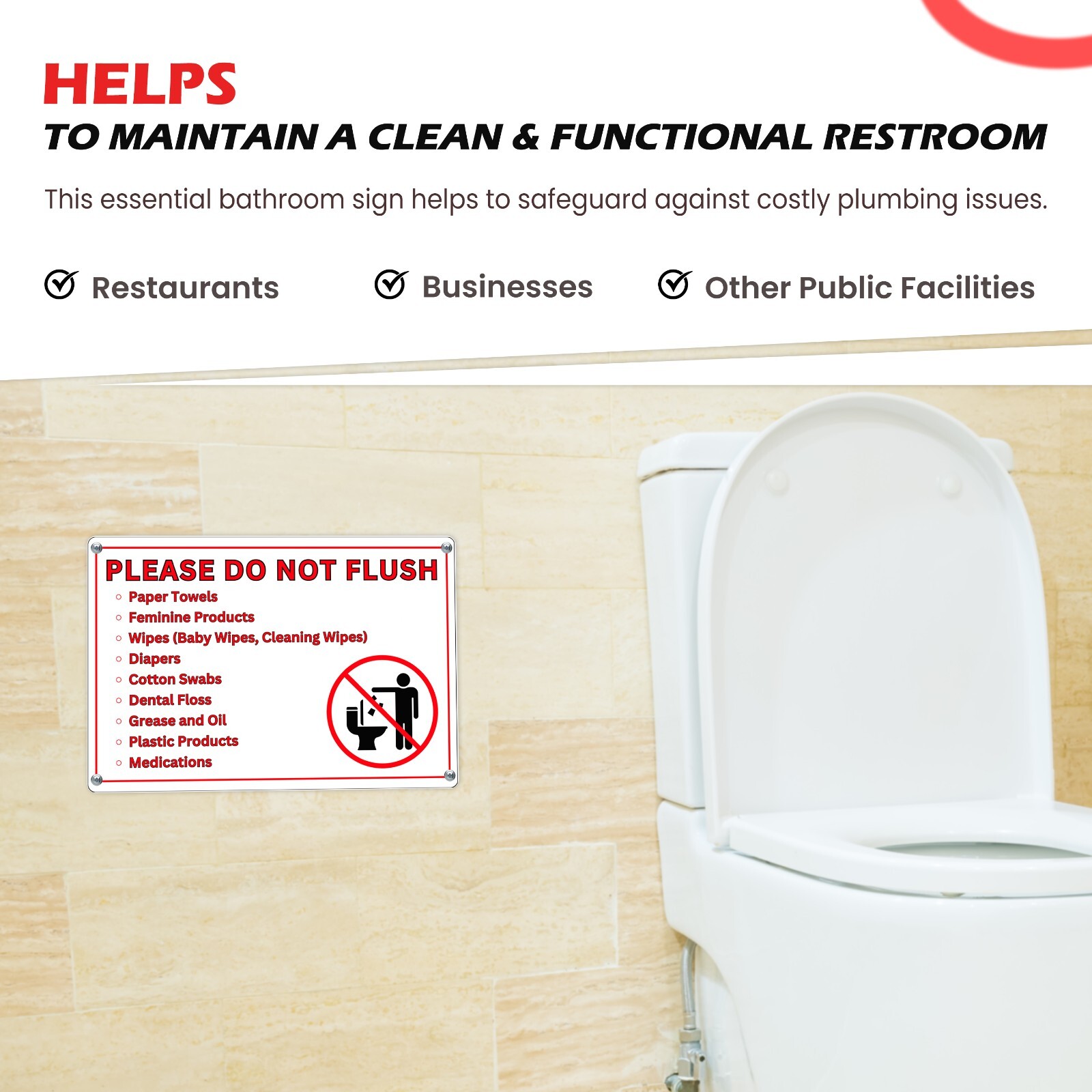 Please Do Not Flush Sign for Bathroom, 10 x 7 Inch Plastic, Adhesive, 1 Sign