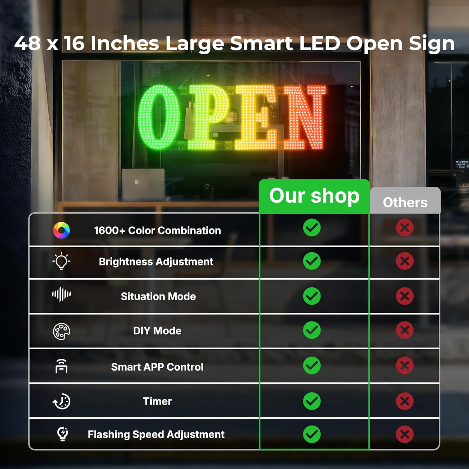 Large 48″ LED Open Sign with Remote, Timer & Custom Colors for Businesses