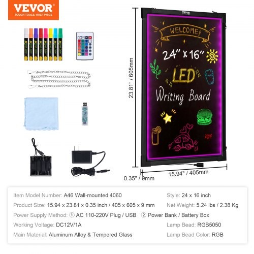 VEVOR LED Message Writing Board 24″x16″ Illuminated Erasable Lighted Chalkboard