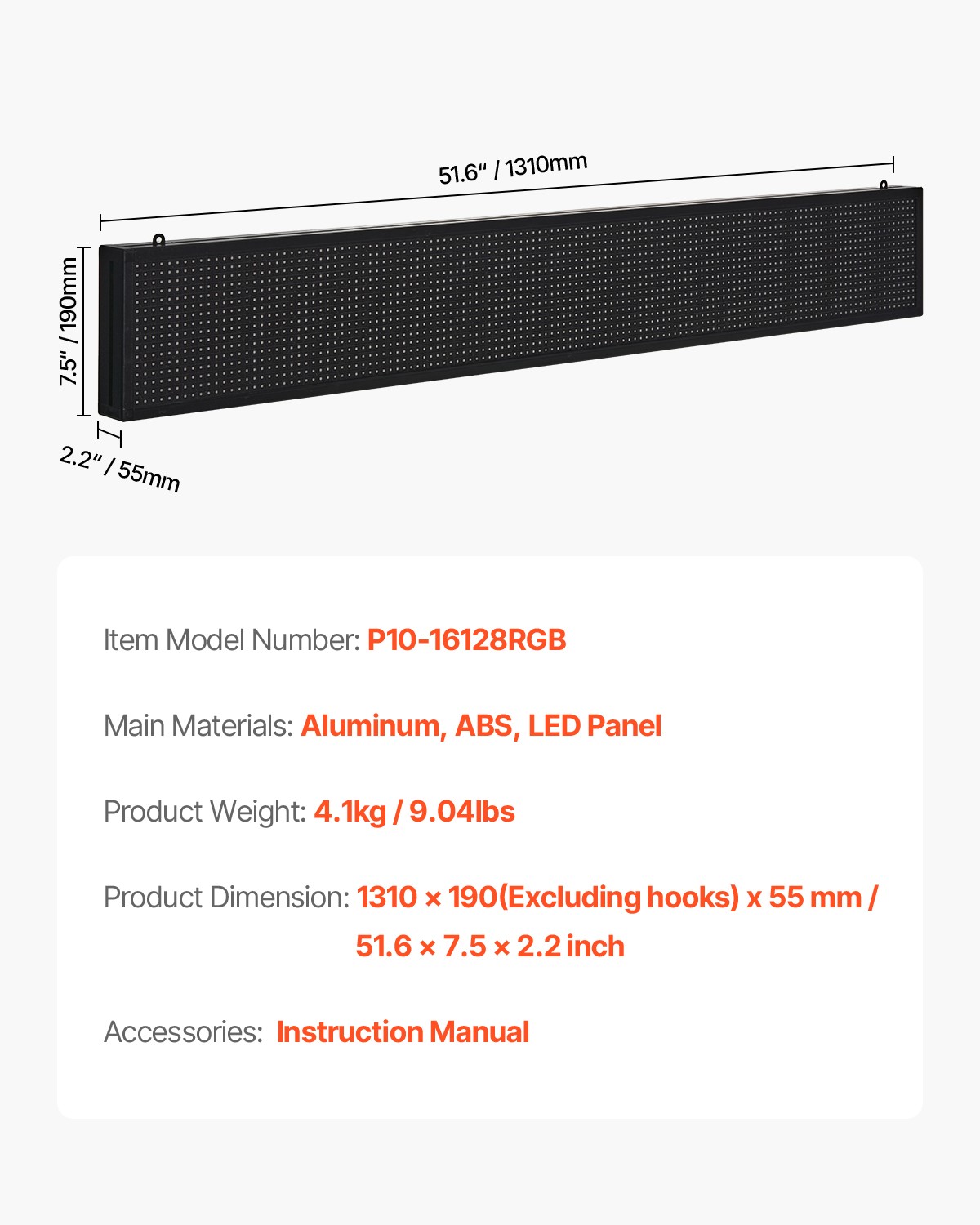 VEVOR 52x8in Programmable LED Sign Digital Scrolling Display Board P10Full-color