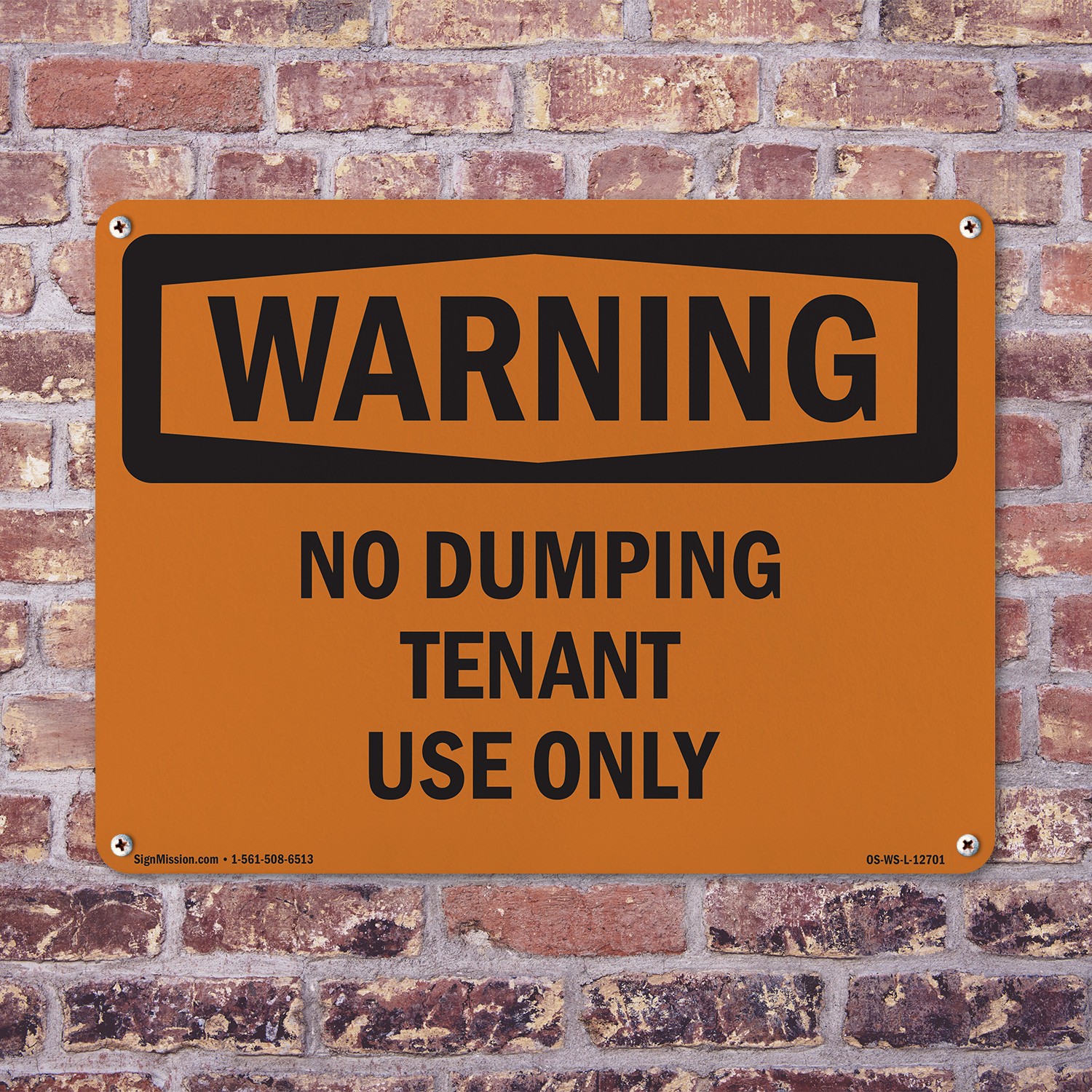 No Dumping Tenant Use Only OSHA WARNING Sign Metal, Plastic, Decal 5 or 10 Pack