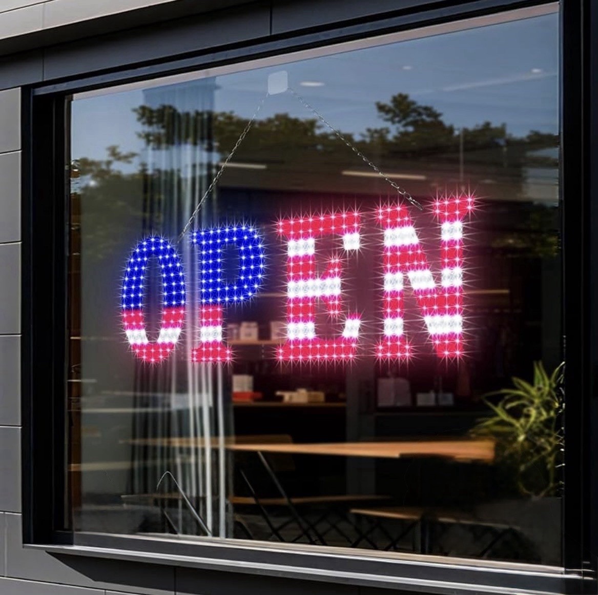 40″x14″Bright Large LED Open Sign for Business with Hanging InstallationU.S.flag