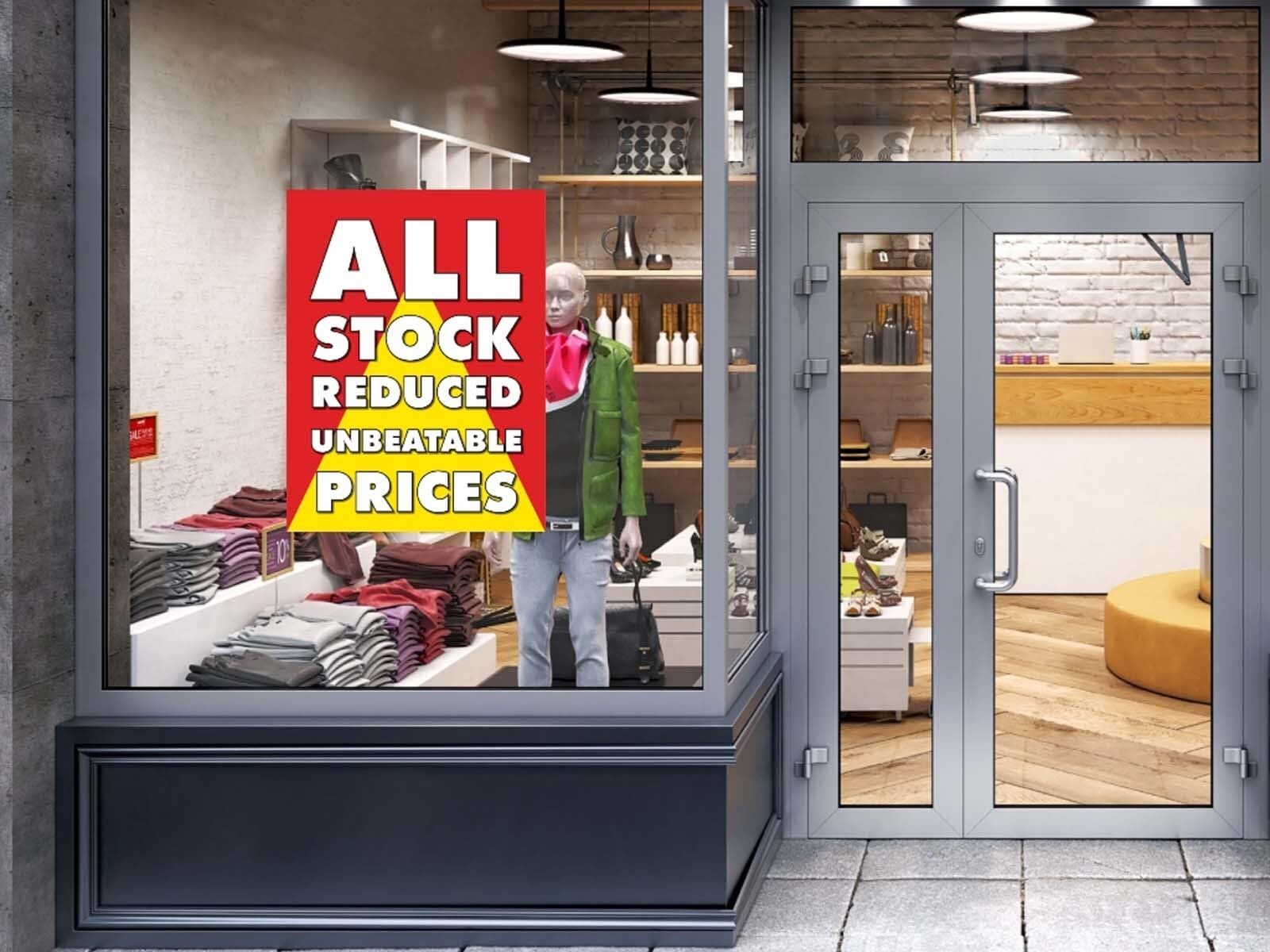 All Stock Reduced | Retail Window Display Sign | 18″W x 24″H