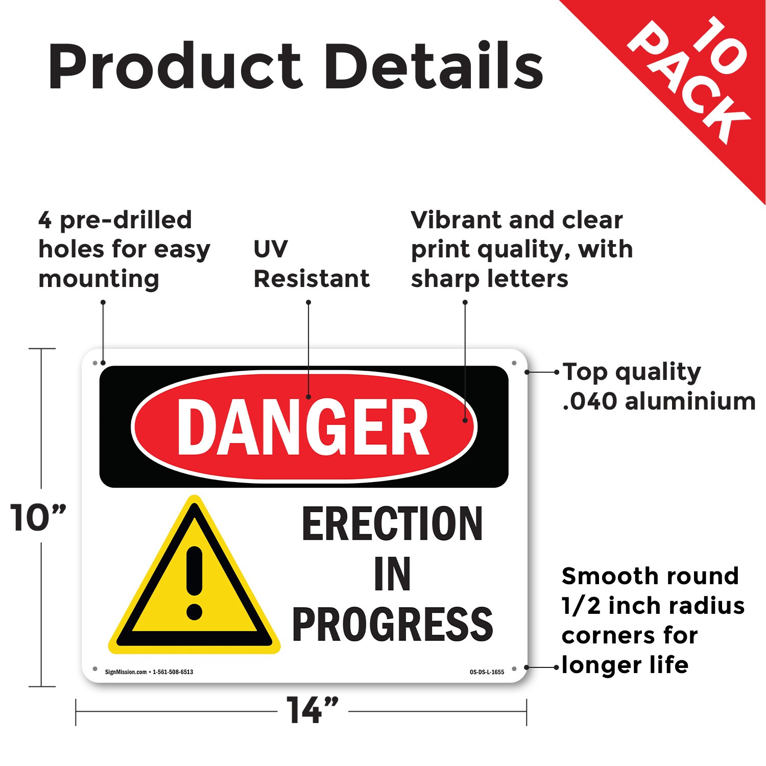 Erection In Progress OSHA Danger Sign Metal, Plastic, Or Decal – 5 or 10 Pack