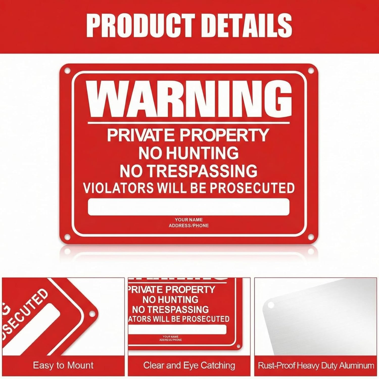 8 Pcs No Trespassing Signs 10×7 Reflective Aluminum Private Property Red