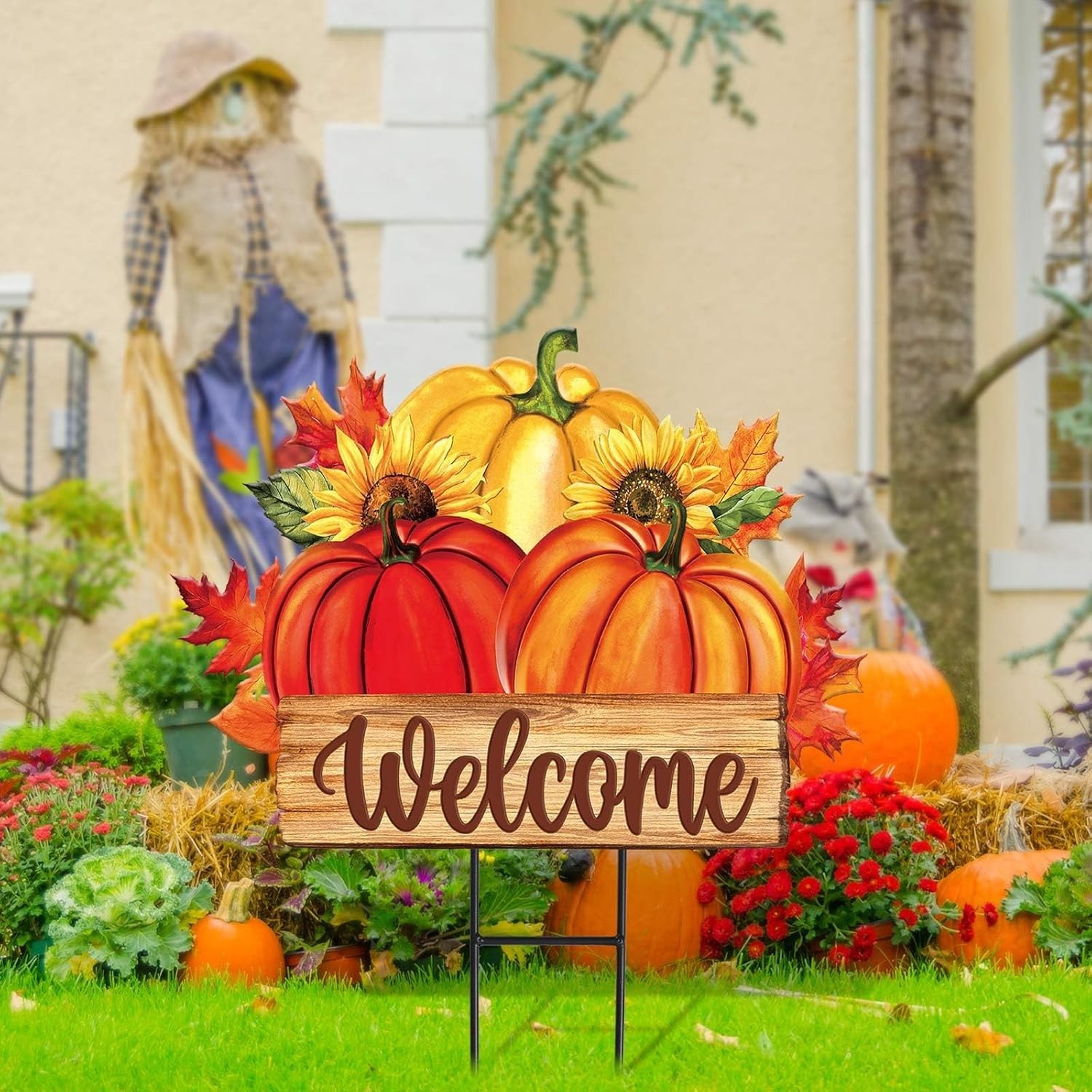Fall Harvest Welcome Sign – Sturdy Metal Pumpkin Garden Stake for Any Setting