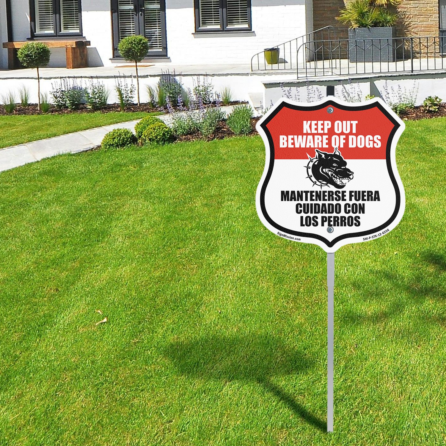 Keep Out Beware of Dogs Bilingual English Spanish Shield Shaped Sign With Stake