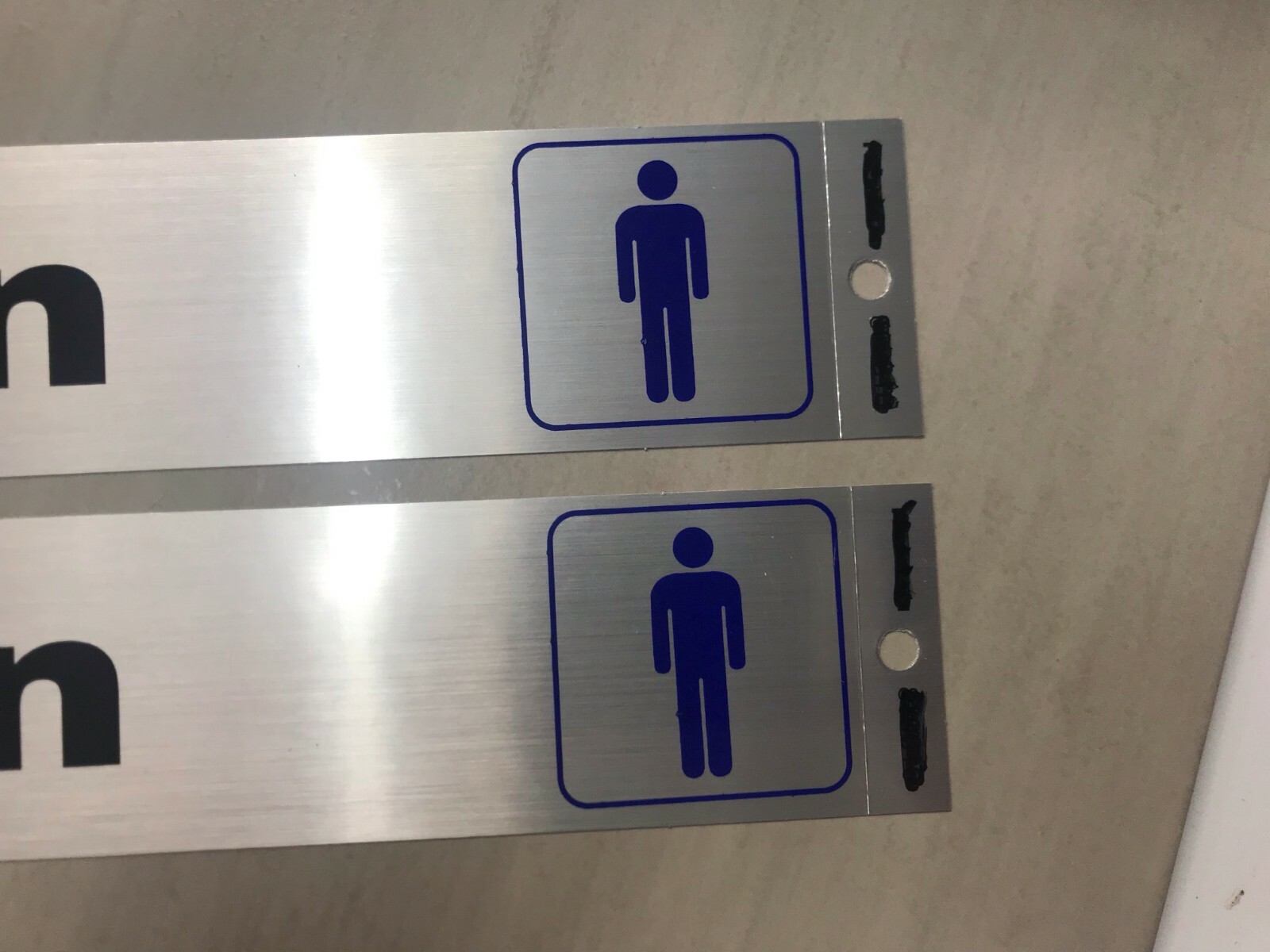 Men restroom Self Adhesive Sign, Nickel, Black and Blue Mylar SET OF 2