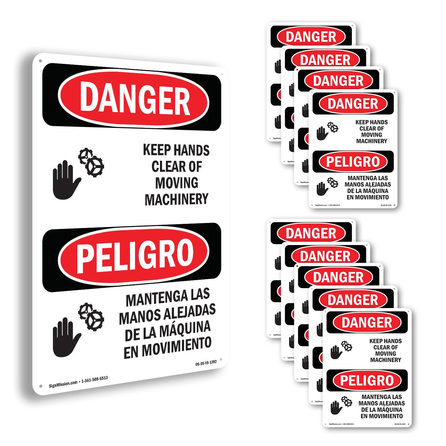 Keep Hands Clear Moving Machinery Bilingual OSHA Danger Sign, Decal 5 or 10 Pack