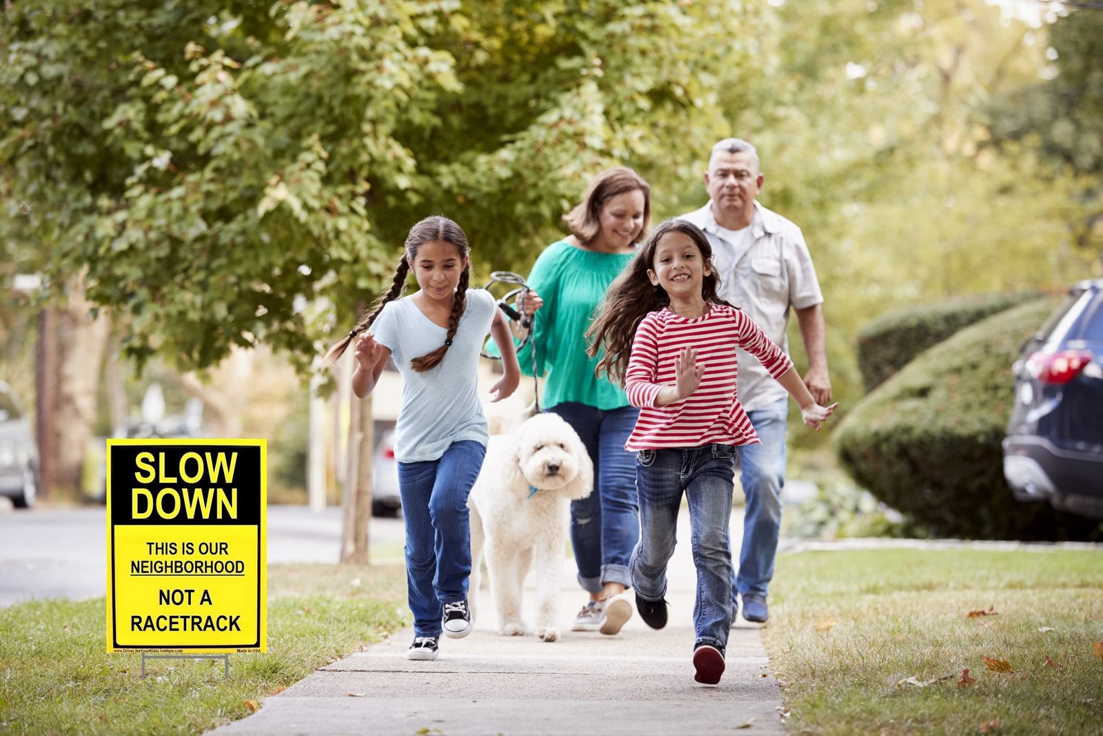Slow Down This Is Our Neighborhood Not A Racetrack 12×18 inches, Yellow