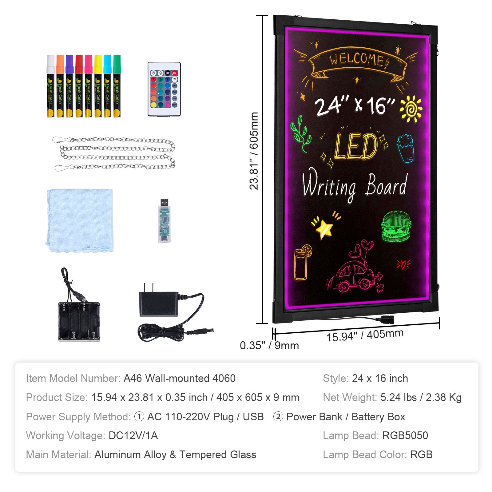 Uimoso LED Message Writing Board 24″x16″ Illuminated Erasable Chalkboard